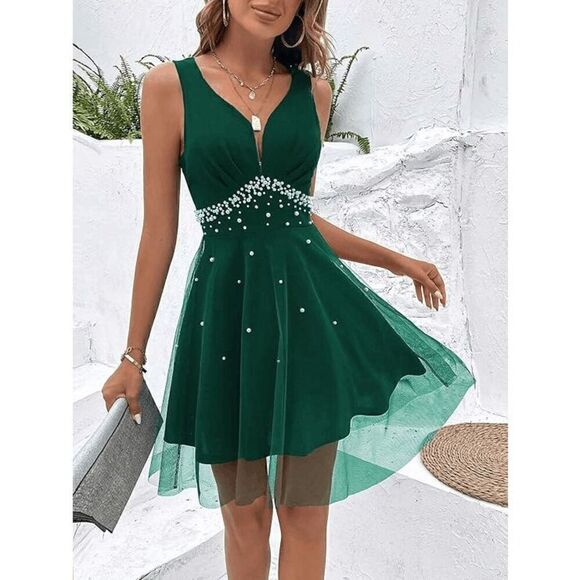π Pearl Beaded Mesh Overlay Sleeveless A-line Elegant Green Dress SIZE LβNEW - Picture 2 of 16